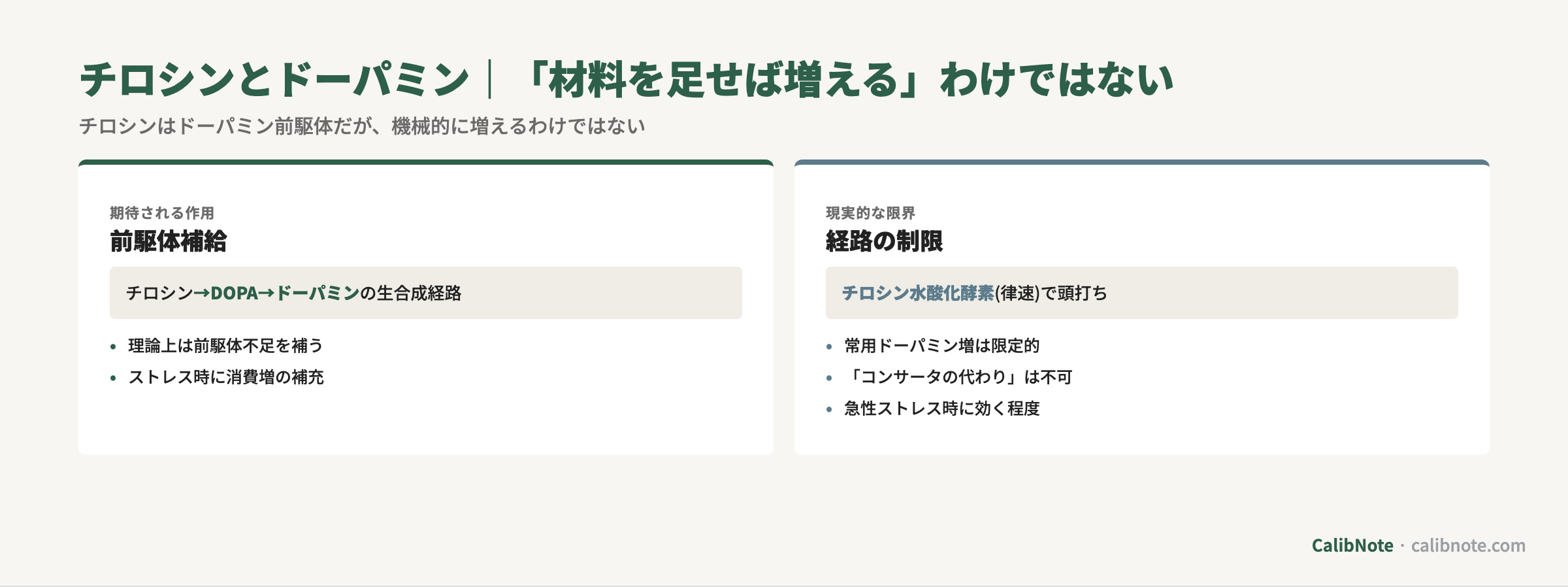 チロシンとドーパミン関係(前駆体補給と律速酵素による限界)対比図